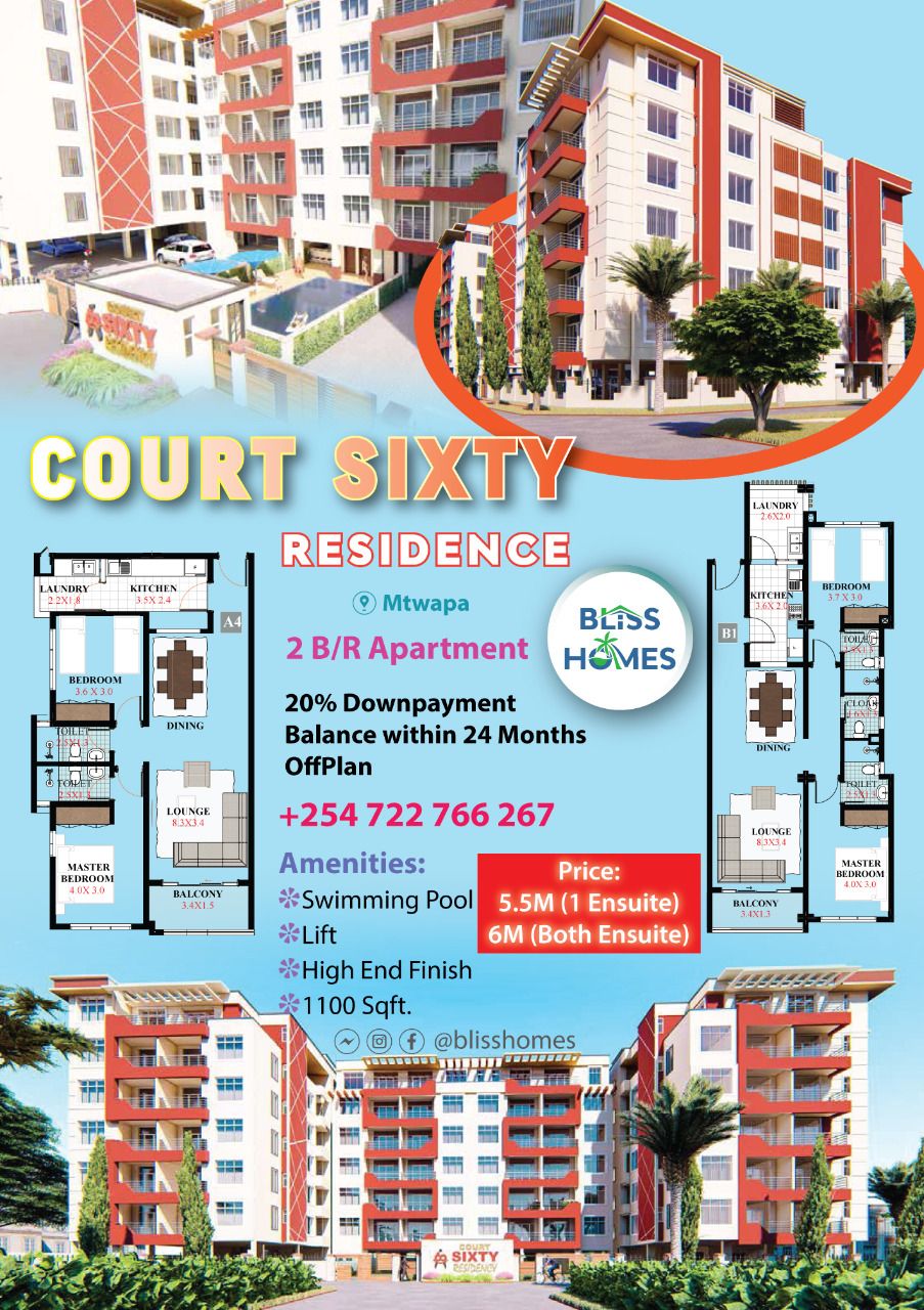 MTWAPA COURT SIXTY  RESIDENCY 2 BEDROOM APARTMENTS FOR SALE
#5.5M(1 Ensuite)
#6M (Both Ensuite)